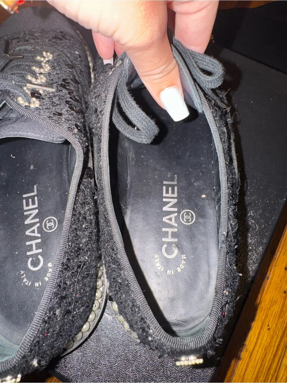 CHANEL Black Tweed Pearl-Trim Slip-On Sneakers